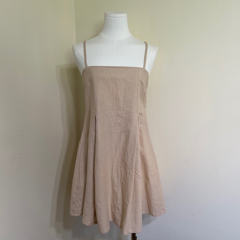 PrettyLittleThing Natural A-line Mini Dress Tan Linen Blend Square Neck NWT 4